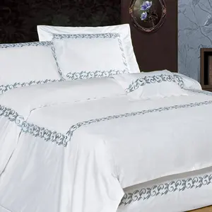 Guangzhou Taitang nakış beyaz yatak çarşafı % 100% pamuk otel keten yatak seti lüks