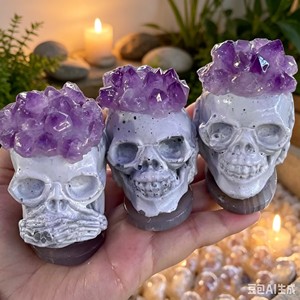 Venta al por mayor de calaveras de cristal de resina con tres amasoles de amatista para meditación mindfulness, decoración de Halloween - Product Image 5