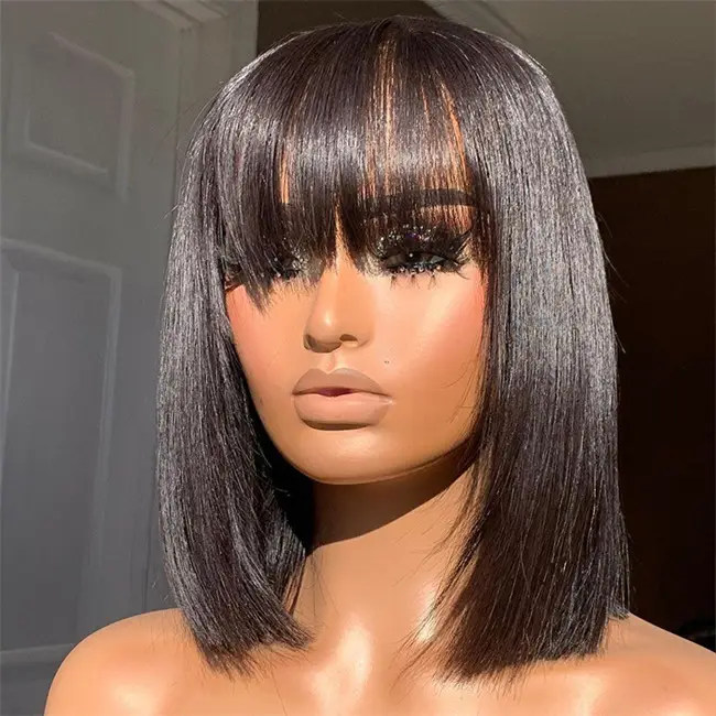 Tóc giả ngắn Bob tóc giả, Tóc giả Bob giá rẻ glueless Bob tóc giả với bangs tóc con người nguyên liệu Peru ren giá rẻ màu đen phía trước, 8-14 inch