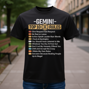 T-shirt graphique Gemini Top 10 Rules, design du signe du zodiaque, coupe unisexe - Product Image 3