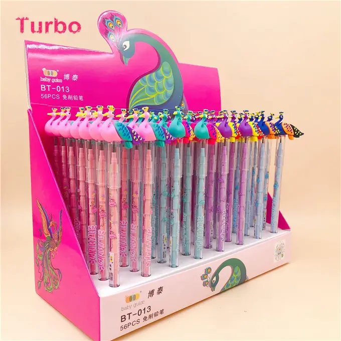 Japonés más popular de la escuela los niños artículos de papelería lindo creativo diseño de pavo real de plástico lápiz mecánico y pluma conjunto
