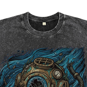 Camisetas de Hombre Vintage con Estampado Gráfico de Casco de Buceo, Lavado Ácido, Manga Corta, Estilo Casual, con Estampado de Letras, Tallas Grandes - Product Image 3