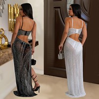 Ensemble deux pièces OEM pour femme, style boîte de nuit, avec bustier court en maille orné de strass et jupe longue transparente à fente haute