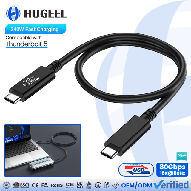 Thunderbolt 5/4/3 Data Cable 240W Type C Cable with USB4.0 Fast Transfer 4K Video for Laptop XBOX Switch 80Gbps 16k 60Hz Cable