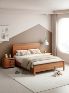 High Quality Line Clause Wooden Wall Bedside Modern Minimalist Solid Wood <b>Platform</b> <b>Bed</b> for Bedroom - Product Image 2
