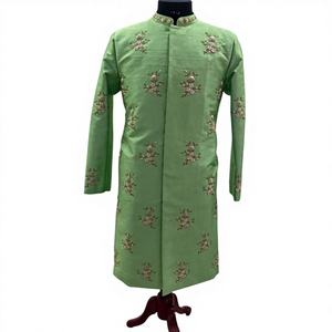 Sherwani para novio, ropa de fiesta, bordado Zari, seda cruda, pantalón de color claro a juego, cristal, transpirable - Product Image 3