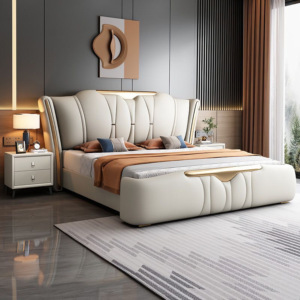 Letto Matrimoniale <span class=keywords><strong>King</strong></span>-<span class=keywords><strong>Size</strong></span> in Stile Lusso Italiano con Rivestimento in Pelle Morbida e Confortevole, Struttura in Legno di Pino con Contenitore, Livello E0 - Product Image 2