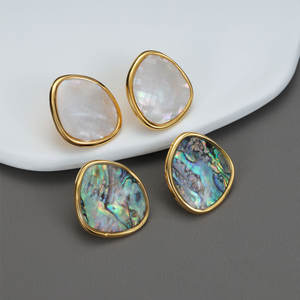 Pendientes de Moda de Acero Inoxidable 316L, Chapados en Oro de 14k y 18k, Pendientes Finos con Incrustaciones de Concha de Abulón para Mujer - Product Image 1