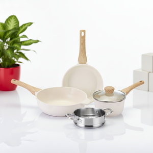 Nouvel Arrivage – Ensemble de 7 Ustensiles de Cuisson en Aluminium Moulé sous Pression <span class=keywords><strong>Greblon</strong></span> C3 Granite Beige, Base Multi-Couches, Compatible Induction, Design Luxe, Couvercles en Verre - Product Image 1