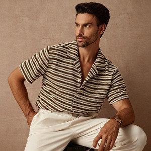 Cárdigan <span class=keywords><strong>de</strong></span> <span class=keywords><strong>Punto</strong></span> Casual <span class=keywords><strong>de</strong></span> Verano para <span class=keywords><strong>Hombre</strong></span>, <span class=keywords><strong>de</strong></span> Algodón <span class=keywords><strong>de</strong></span> Alta Calidad, con Cuello Cubano, Manga Corta, Rayas Texturizadas Retro, con Botones - Product Image 1