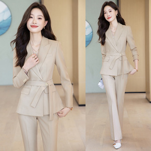 Women's Beige Suit Set Full Sleeve Polyester Spring Office Lady Anti-Wrinkle Wide Leg Pants Professional Formal Wear - Product Image 1