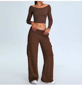 Sexy Off-Shoulder Long Sleeve Breathable Sweat-Wicking Quick Dry Spandex/Nylon Solid Front <b>Crop</b> <b>Top</b> Skinny Fit Women's Sports - Product Image 3