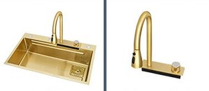 Évier de cuisine sous plan en acier inoxydable 304 épaissi à cuve unique avec sortie cascade dorée - Product Image 5