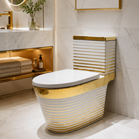 WC moderne en céramique à deux pièces, rayé or, avec ligne dorée électroplaquée et cuvette sans rebord blanche