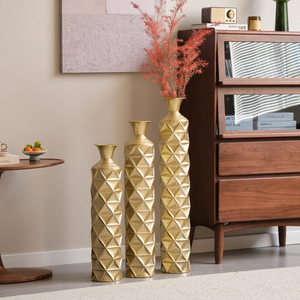 Set di 3 vasi da terra in metallo placcati oro con motivo geometrico a diamante, 33,5 29,5 25,2 pollici, grandi vasi decorativi - Product Image 6