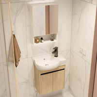 Rak wastafel kamar mandi rangka aluminium anti air, kayu ringan motif kayu, pintu ganda, wastafel keramik oval, cermin LED pintar, modern, untuk hotel