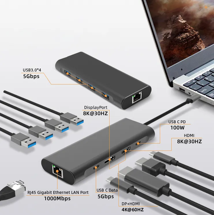 High Quality Docking Station Usb C to PD Charging Rj45 Usb 3.0 Adapter Aluminum Alloy 9 Ports Hub