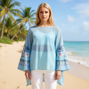 Suéter bordado con motivos florales y de hojas de 135*140 cm con puños bordados en ambos lados, ideal como pareo de baño. - Product Image 2