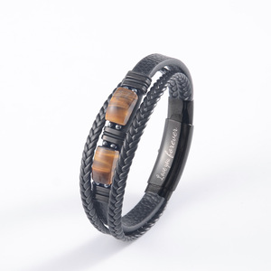 Tiger's Eye <b>Leather</b> <b>Bracelet</b> Multi Layer Cord Magnetic Clasp Men's Jewelry Gift Adjustable Fashion Accessory - Product Image 3