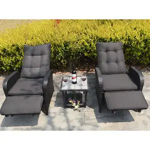Modern Casual PE Rattan Garden Lounge Chair 3-Piece Set With Adjustable Backrest And Soft Seat/Back Cushions Outdoor Furniture