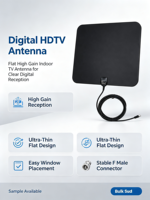 Antena Yagi Digital HDTV Plana para Interiores, Polarización Vertical, Alta Ganancia, Antena de TV de Alta Definición con Conector Macho para DVB-T DVB-T2