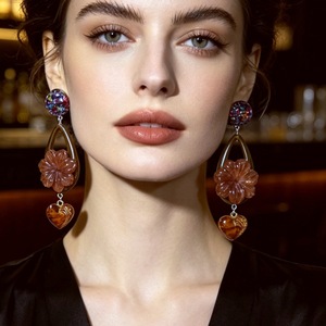Ethnic Vintage Teardrop Flower <b>Stud</b> <b>Earrings</b> New Chinese Orange Petal Dangle <b>Earrings</b> Heart <b>Crystal</b> Pendant Women Ear Jewelry - Product Image 2