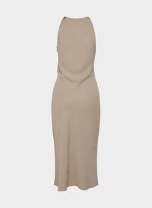 Vestido Midi Halter con Cuello Drapeado para Mujer, Elegante Vestido Ceñido sin Mangas con Cintura Fruncida, Color Taupe Sólido, para Fiestas Formales y Cócteles - Product Image 6