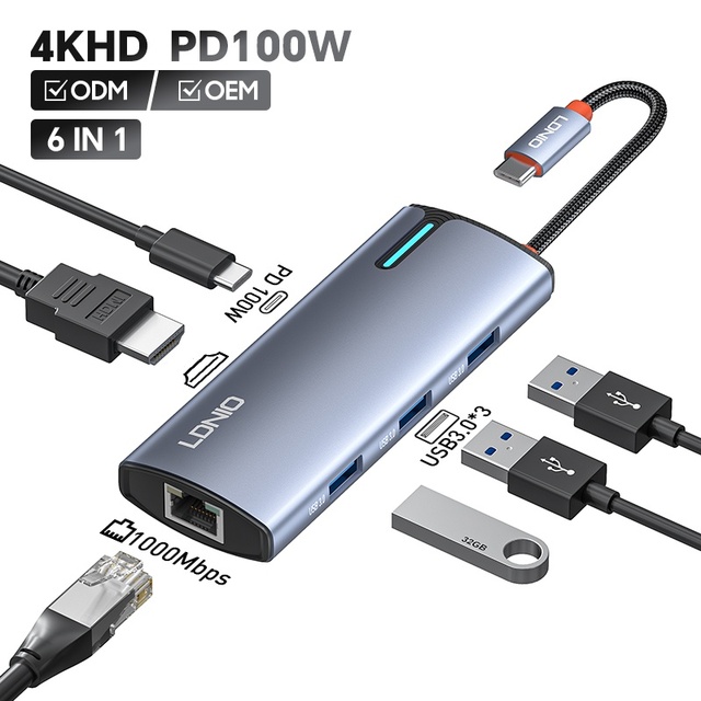 LDNIO 6 in 1 Type-C Hub Multiport Dock Station With 4K HD USB3.0 RJ45 SDTF USB-C PD Charging Adapter 6 Ports USB C Hub