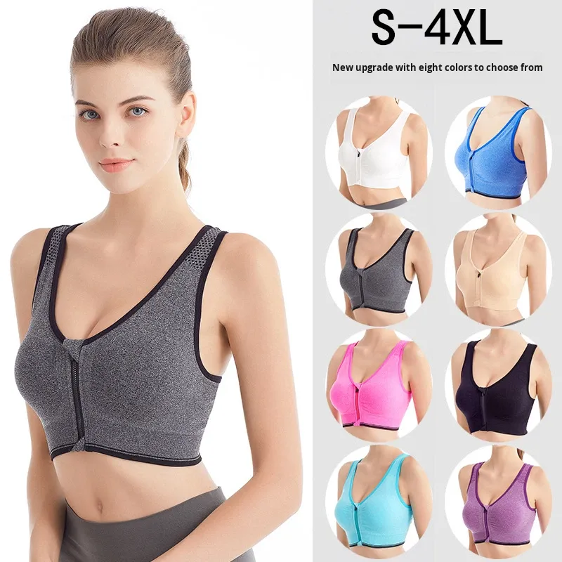 Plus Size Front Zipper High Support 100% Nylon Shockproof Breathable Wireless Solid Non-adjusted Straps Yoga Sports Bra for