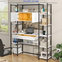 Bureau de travail à domicile moderne en MDF et métal à 5 niveaux avec éclairage RGB, prise de courant, 71,1 pouces de hauteur, gain de place, 12 étagères, 2 portes (blanc)