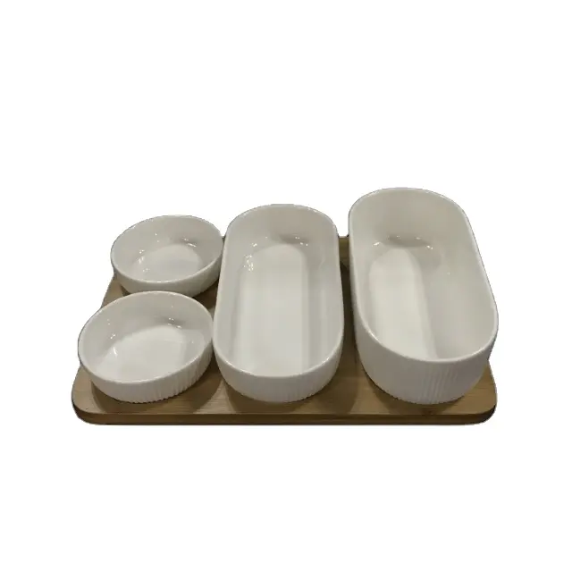 Lager Size Bamboo Cheese Board with Three Ceramic Bowls Wooden Serving Tray for Picnic With 4 Knifes Set