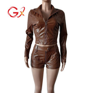GX8619ファッション2024秋春服ブティックレディーストリートウェア長袖PUレザージャケットショーツ<span class=keywords><strong>2</strong></span>ピースセット - Product Image 6