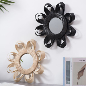 Wicker <b>Round</b> <b>Wall</b> <b>Mirror</b> Black Natural Wood Frame Home Decor Hanging Art For Living Room Entryway - Product Image 4