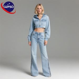 QZFSO Female Clothing <b>Women</b> Zipper Acid Wash Cotton 2 Piece <b>Jogger</b> <b>Denim</b> Tracksuit Custom Logo Cropped Jackets Shorts <b>for</b> <b>Women</b> - Product Image 1