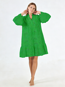 Vestido de punto de algodón holgado de talla grande 2026 con cuello en V, mangas acampanadas, bordado, largo hasta la rodilla, lavable, corte A, para uso diario, primavera, verano, otoño - Product Image 4