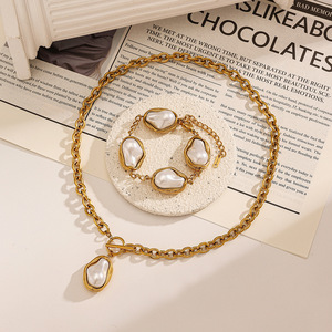 Ensemble collier et bracelet en acier inoxydable, perle baroque, plaqué or 18 carats, vintage, haut de gamme, à porter tous les jours, bijoux unisexes - Product Image 2