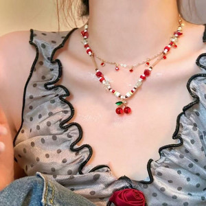 Sweet Red Cherry Pendant Beaded Necklaces for Women Temperament Clavicle <strong>Chain</strong> Jewelry Accessories - Product Image 3