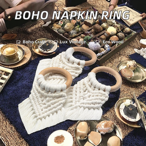 Anneaux de serviette en macramé bohème faits à la main, porte-serviettes en bois et laiton vintage de luxe pour la décoration de la maison, la décoration de table de fête, la décoration de mariage, en stock - Product Image 3