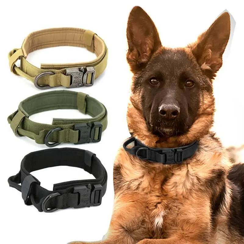 Venta al por mayor Collar de perro Correa Conjunto Verde militar Engrosado Durable Táctico Perros grandes Mango de entrenamiento de mascotas Cuerda de nailon Collar de mascota Correa