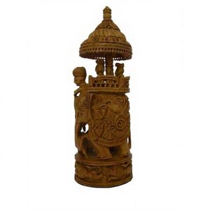 งานแกะสลักไม้รูปช้างพร้อมร่มและคนขี่ งานฝีมือพื้นบ้านสำหรับตกแต่ง - Product Image 1
