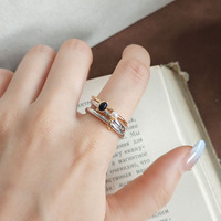 S925 Sterling Silber Schwarzer Onyx Vintage Graviertes Design Dreifach-Band-Ring für Frauen Nischen-Künstlerischer Stil Fingerring