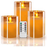 Bougie LED en verre sans flamme scintillante, 3 pièces, avec télécommande et minuterie, fonctionne sur piles, électro-plaquée gris