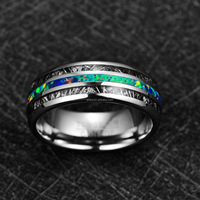 POYA Anneaux en tungstène bombé en argent poli de 8mm incrustation de météorite et d'opale verte imitée pour mariages fiançailles pour hommes femmes