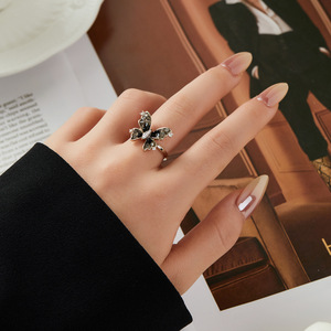Butterfly <b>Open</b> <b>Ring</b> Women's Adjustable Insect Index Finger <b>Ring</b> With Black Gradient Crystal Prong Setting Jewelry Gift - Product Image 2