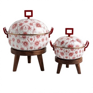 Luxury <b>Red</b> Floral Hot Pot With Wooden Stand Enamel Casserole Gold Handle Ramadan Gift - Product Image 1