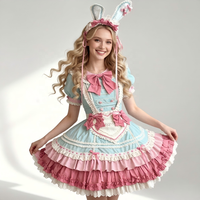 Robe Lolita rose pastel et verte avec volants, tablier et bandeau KC, ensemble complet pour femme, costume cosplay