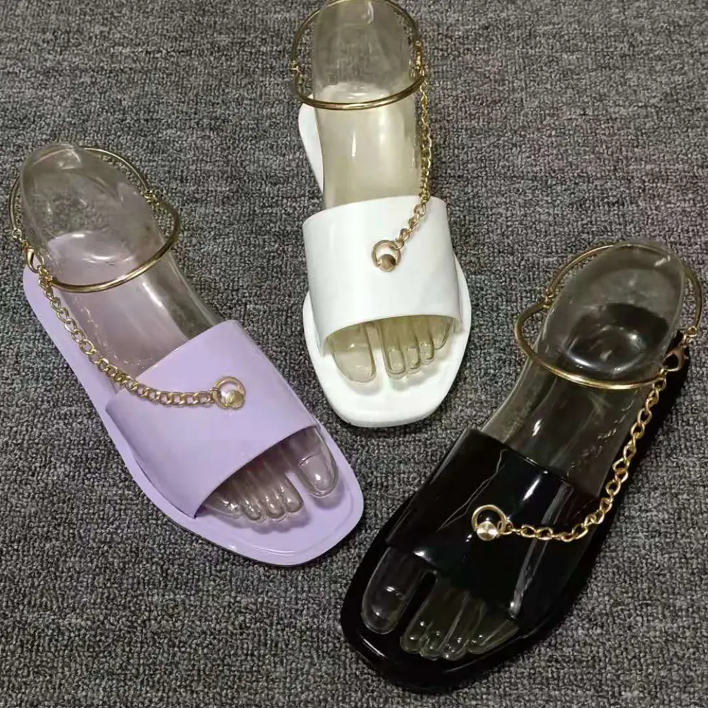 Sandalias de cristal de gelatina para mujer, accesorio de playa, equipado con cadena de metal, al por mayor