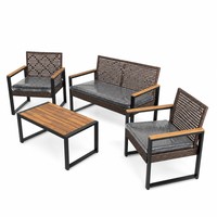 Ensemble de meubles de patio en rotin moderne 4 places, 4 pièces, pour extérieur, balcon, véranda, jardin, pelouse, noir, brun clair