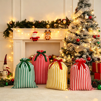 Sac cadeau de Noël rayé, grand sac à cordon réutilisable en tissu avec nœud pour le rangement des cadeaux de Noël et la décoration de la maison