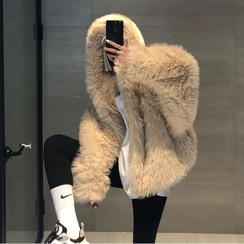 2021 Winter New Hooded Environmental Protection Fox Fur Coat Women's Oversized Imitation Mink Fur Coat